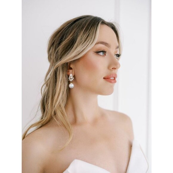 Pearl Drop Dangle Earrings for Women CZ Bridal Wedding Prom Jewelry for Brides - Picture 3 of 7